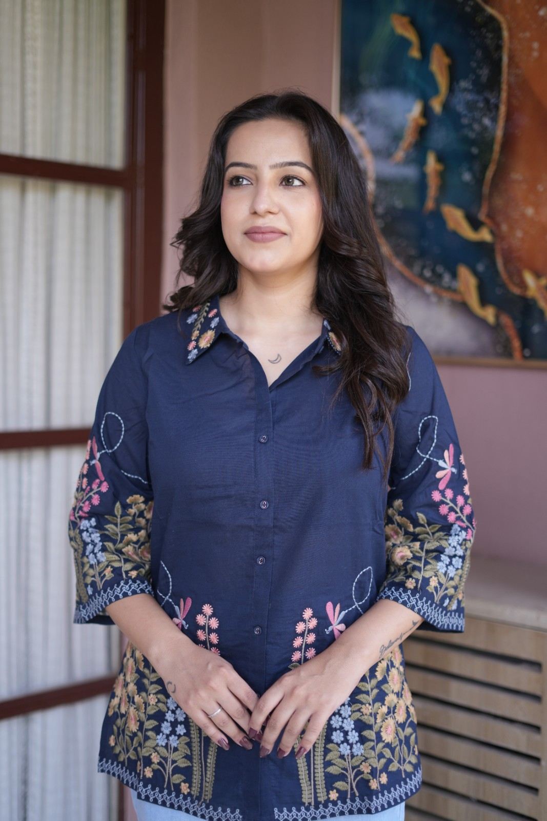 Women’s Navy Blue Floral Embroidered Short Kurti