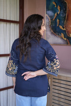 Women’s Navy Blue Floral Embroidered Short Kurti
