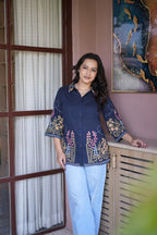 Women’s Navy Blue Floral Embroidered Short Kurti