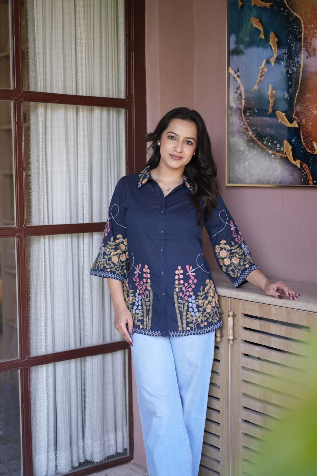 Women’s Navy Blue Floral Embroidered Short Kurti