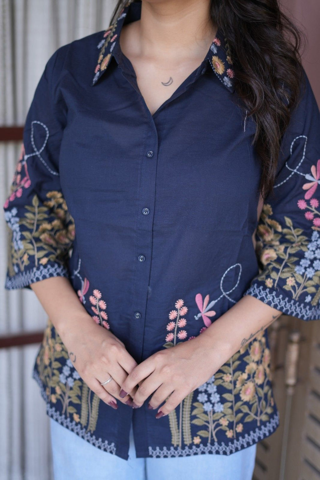 Women’s Navy Blue Floral Embroidered Short Kurti