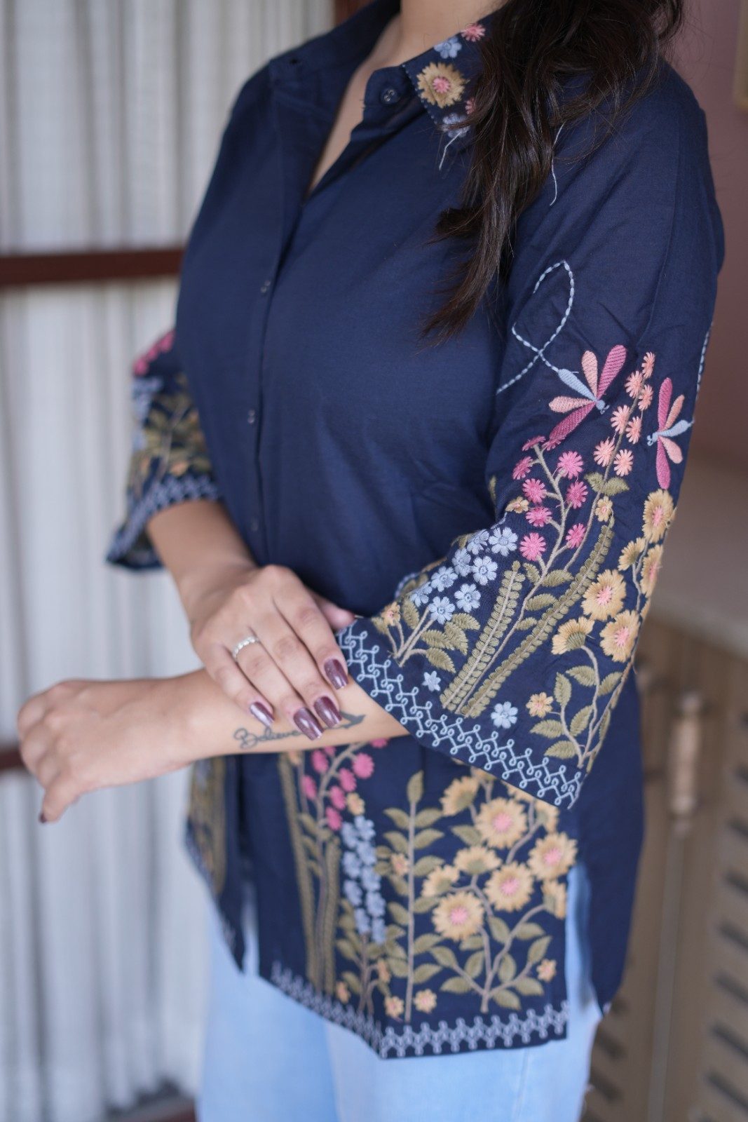 Women’s Navy Blue Floral Embroidered Short Kurti