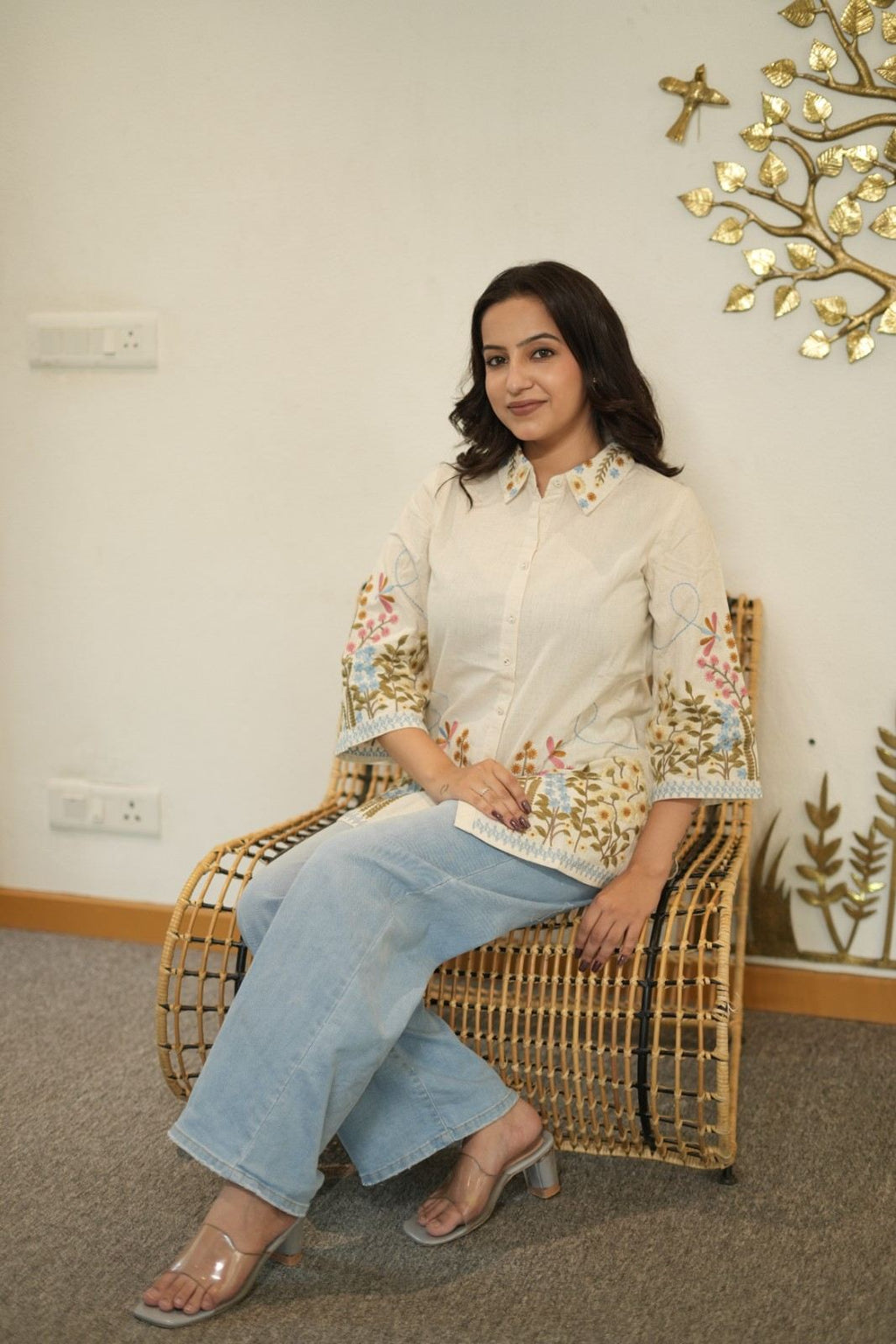 Women’s Cream Floral Embroidered Short Kurti