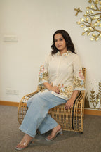 Women’s Cream Floral Embroidered Short Kurti