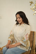 Women’s Cream Floral Embroidered Short Kurti