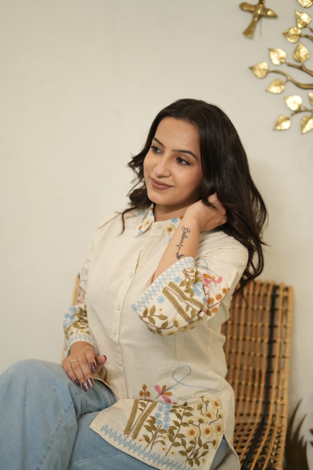 Women’s Cream Floral Embroidered Short Kurti