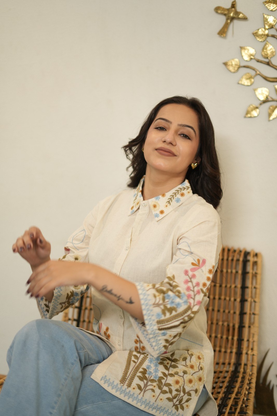Women’s Cream Floral Embroidered Short Kurti