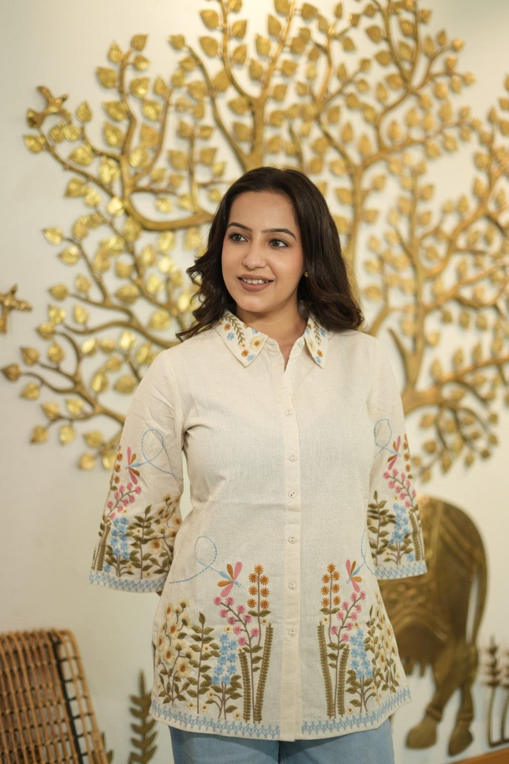 Women’s Cream Floral Embroidered Short Kurti