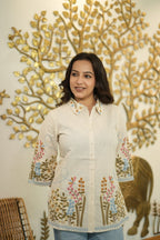 Women’s Cream Floral Embroidered Short Kurti