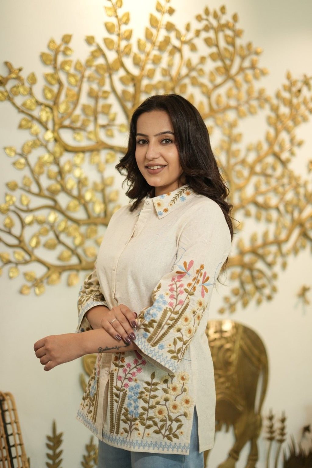 Women’s Cream Floral Embroidered Short Kurti