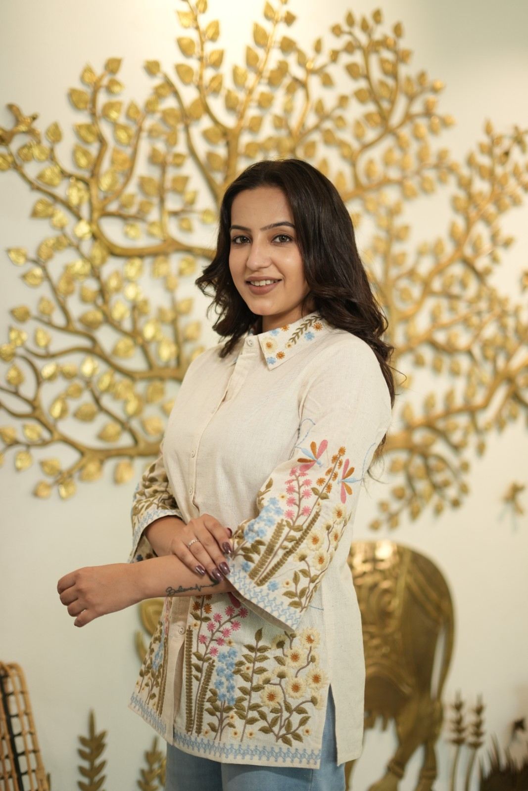 Women’s Cream Floral Embroidered Short Kurti