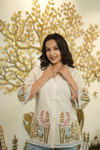 Women’s Cream Floral Embroidered Short Kurti