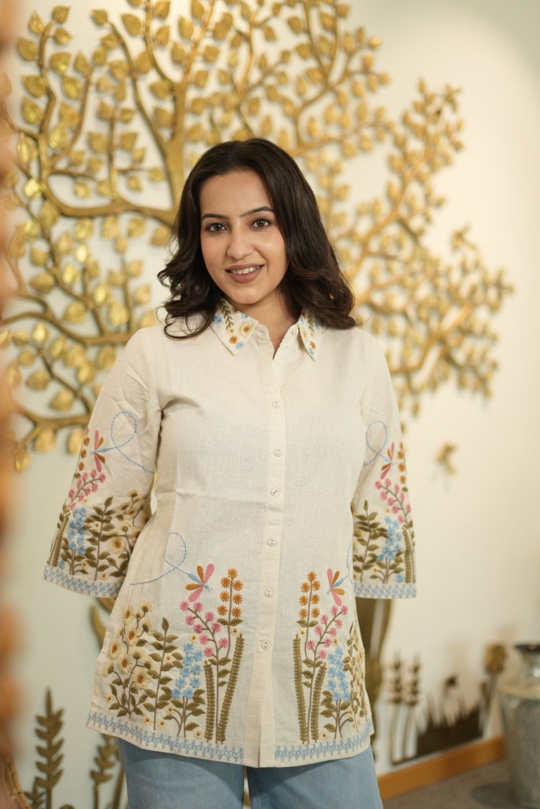 Women’s Cream Floral Embroidered Short Kurti