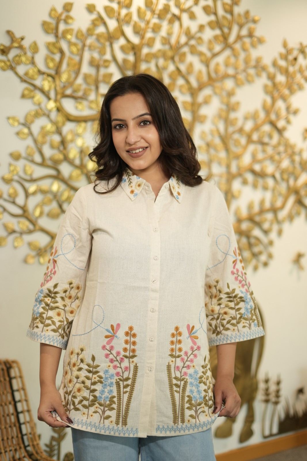 Women’s Cream Floral Embroidered Short Kurti