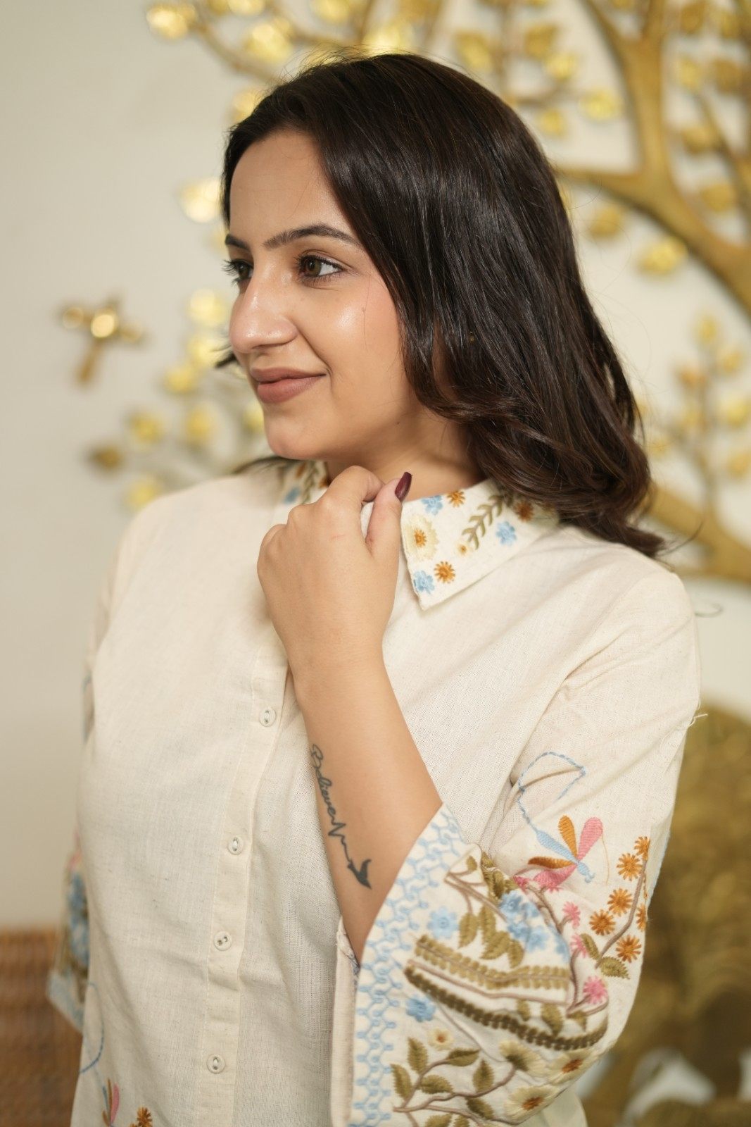 Women’s Cream Floral Embroidered Short Kurti