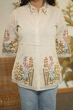 Women’s Cream Floral Embroidered Short Kurti