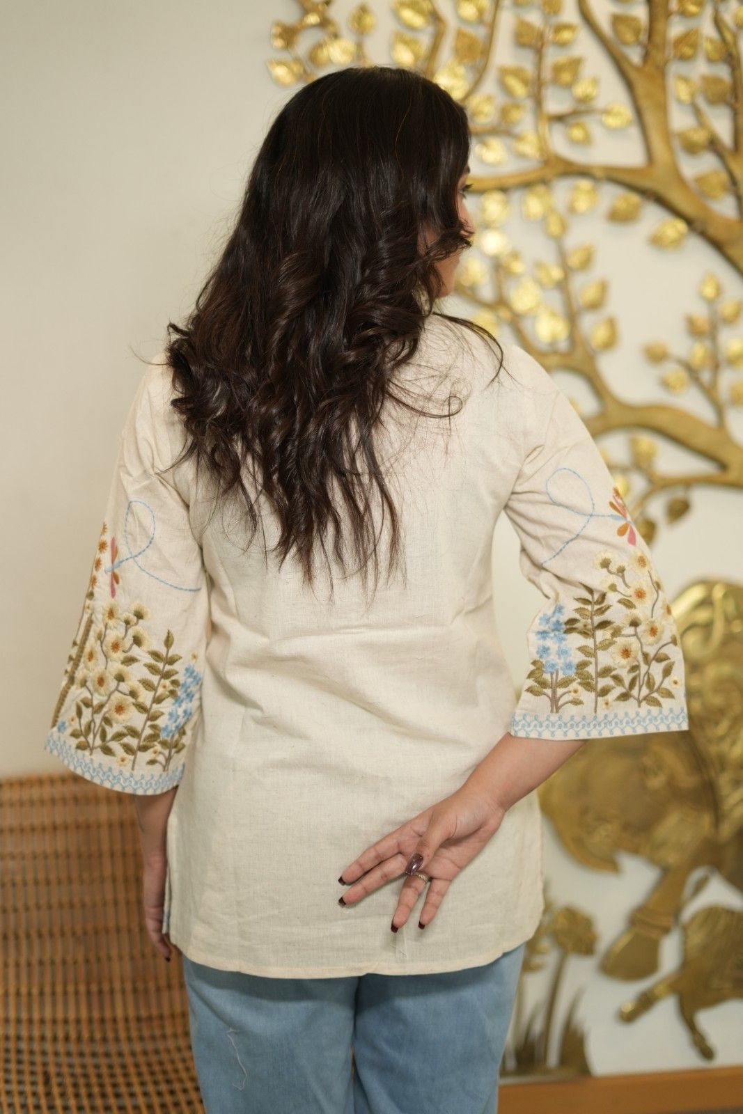 Women’s Cream Floral Embroidered Short Kurti