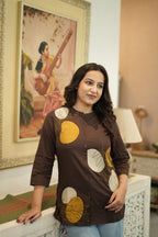 Dark Brown & Mustard Floral Embroidered Cotton Kurti