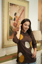 Dark Brown & Mustard Floral Embroidered Cotton Kurti