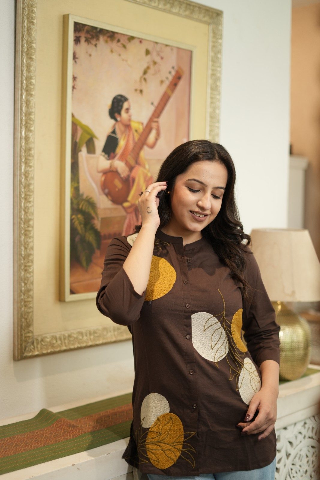 Dark Brown & Mustard Floral Embroidered Cotton Kurti