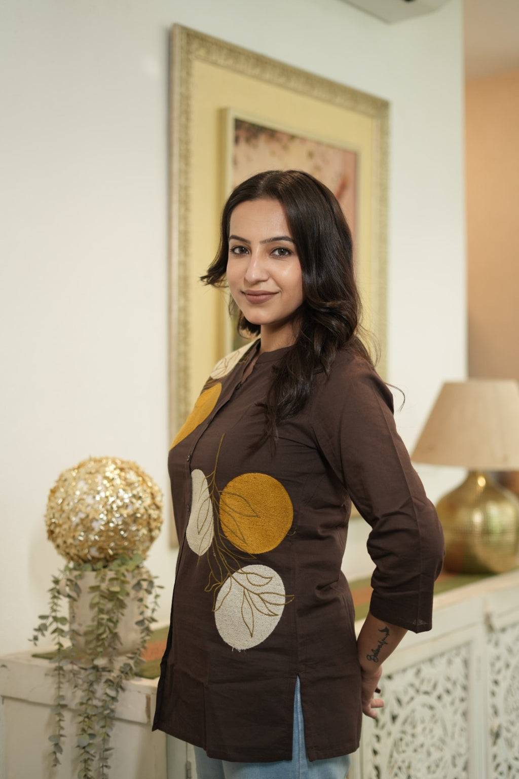 Dark Brown & Mustard Floral Embroidered Cotton Kurti