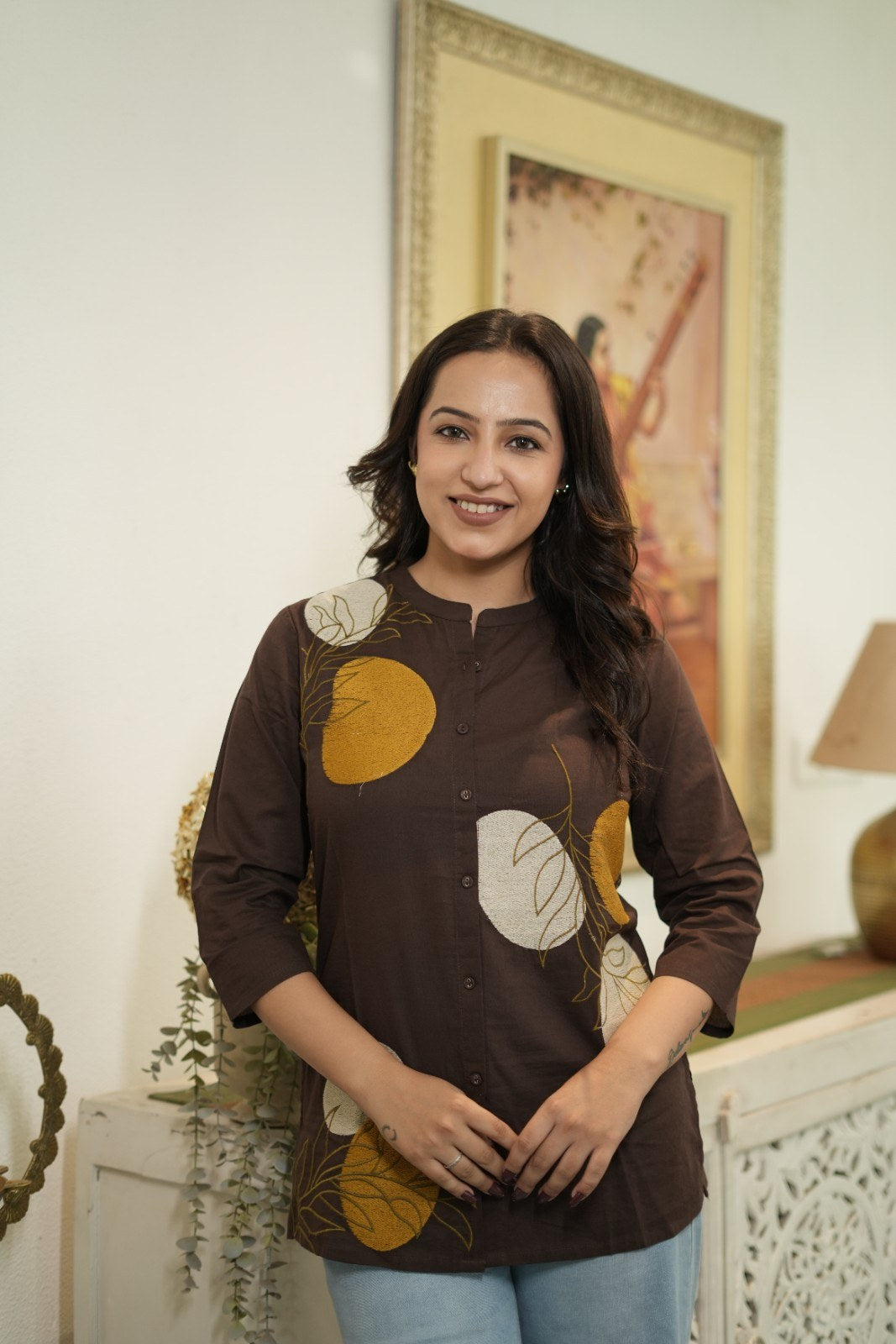 Dark Brown & Mustard Floral Embroidered Cotton Kurti