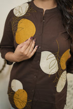 Dark Brown & Mustard Floral Embroidered Cotton Kurti