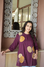 Wine Purple Floral Embroidered Cotton Kurti