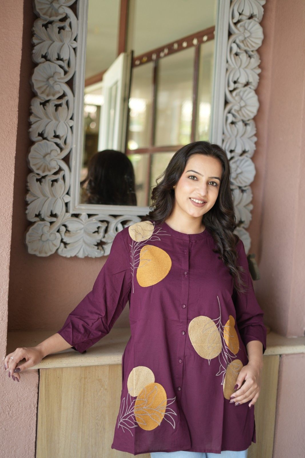 Wine Purple Floral Embroidered Cotton Kurti