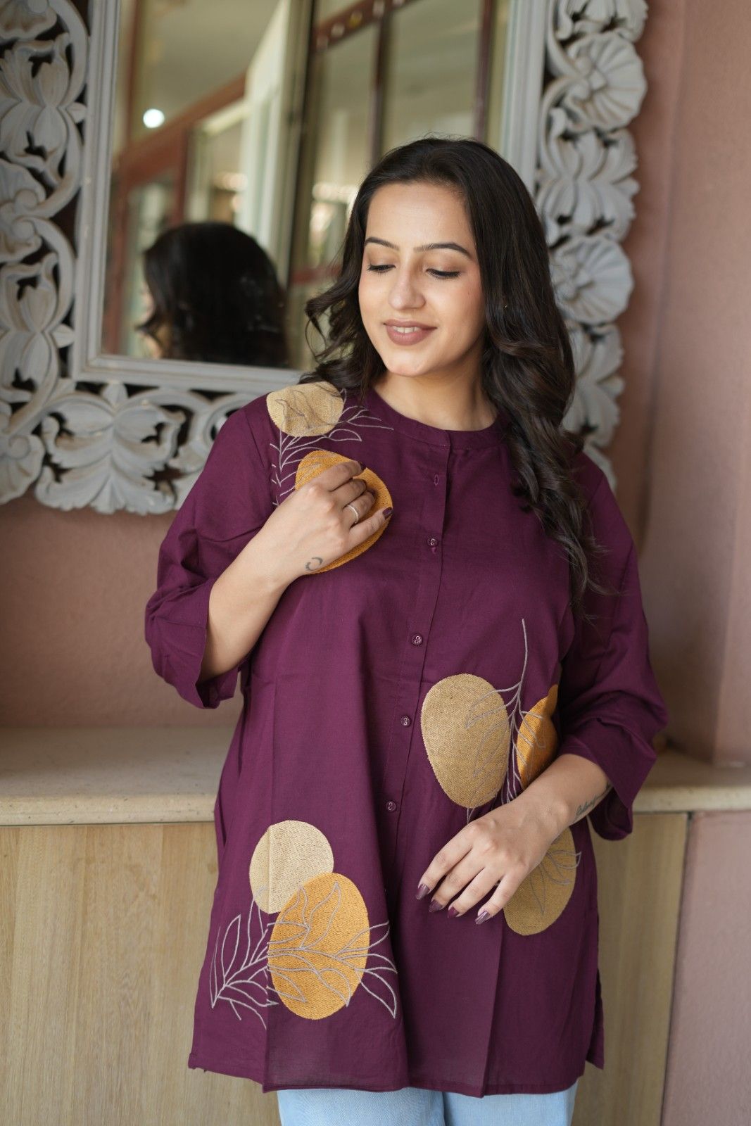 Wine Purple Floral Embroidered Cotton Kurti