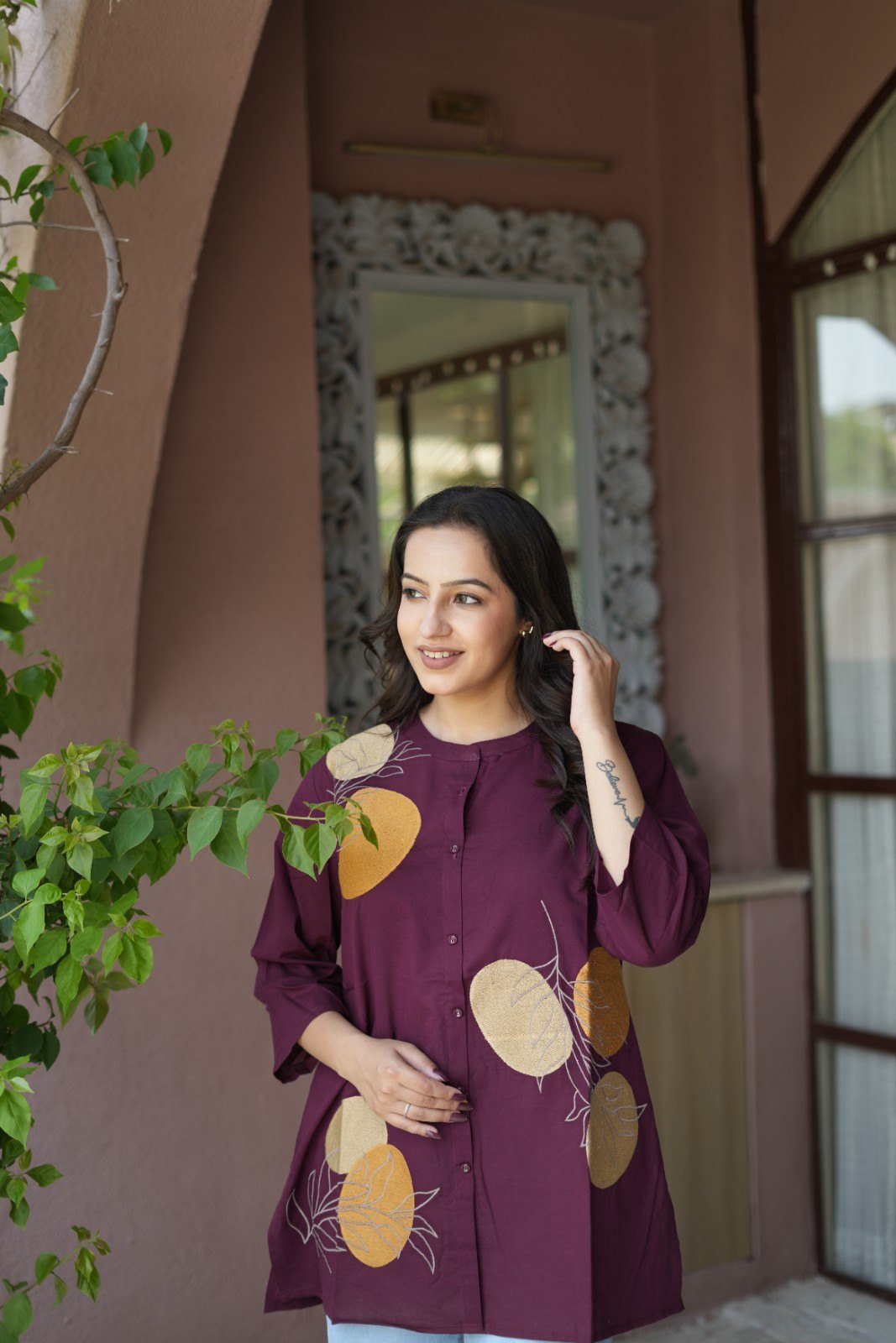 Wine Purple Floral Embroidered Cotton Kurti