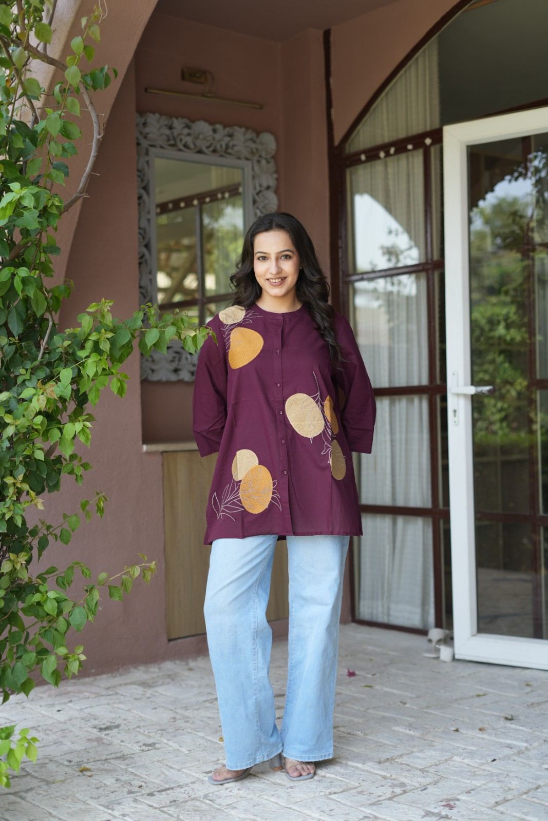 Wine Purple Floral Embroidered Cotton Kurti