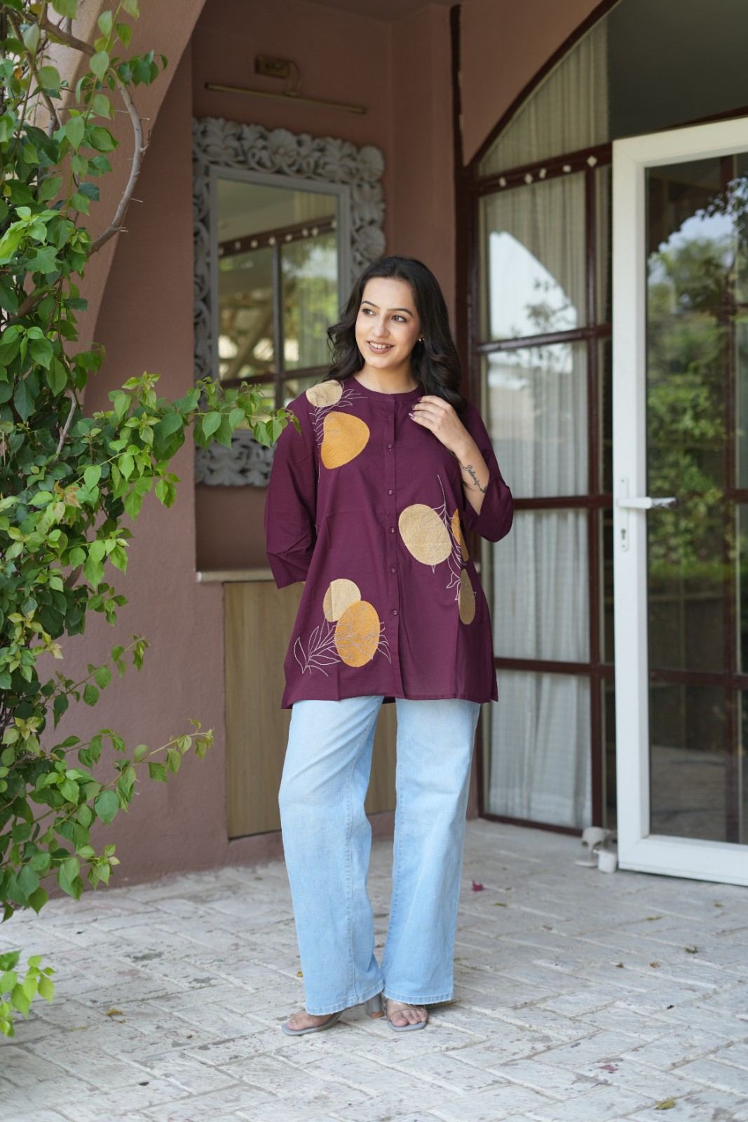 Wine Purple Floral Embroidered Cotton Kurti