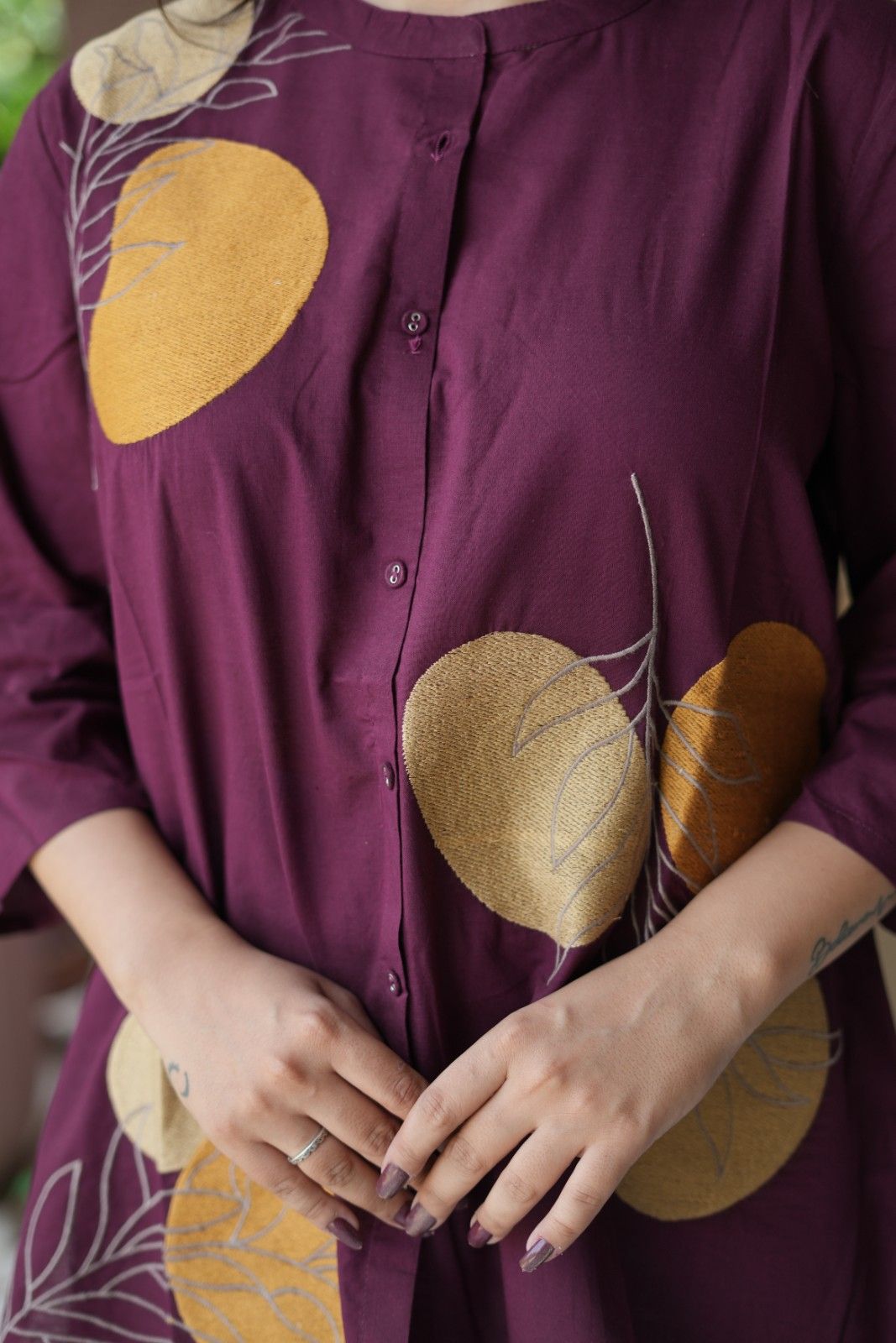 Wine Purple Floral Embroidered Cotton Kurti