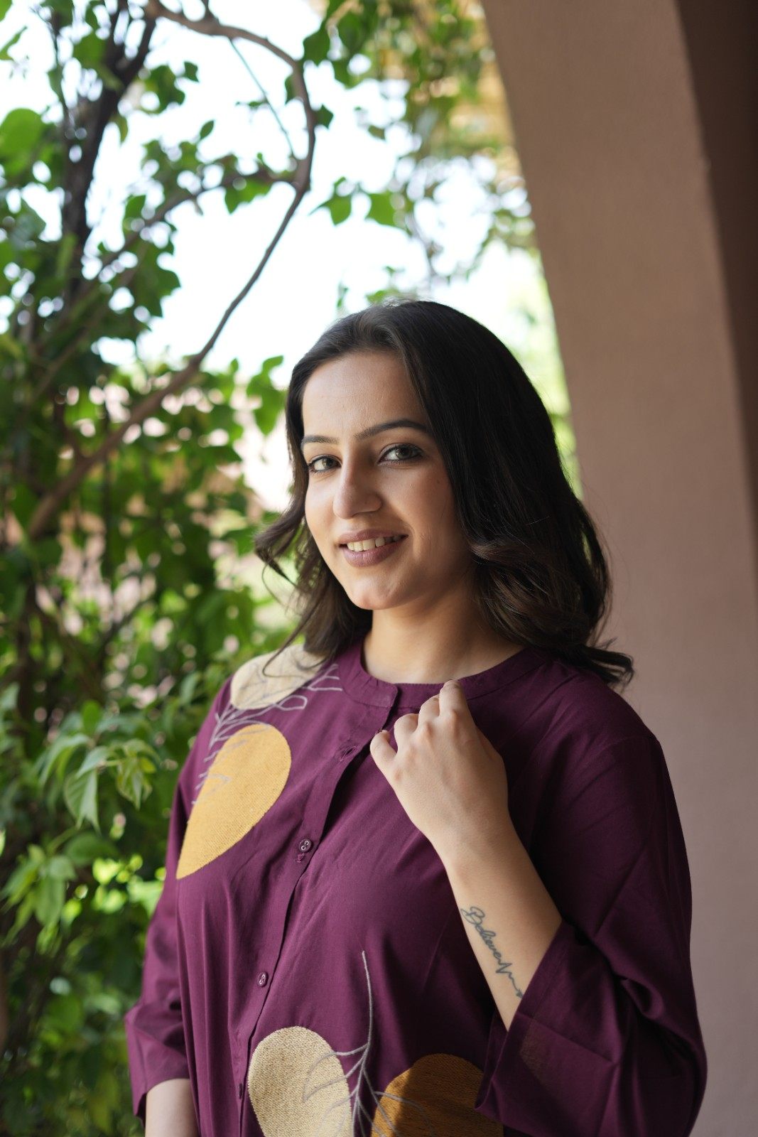 Wine Purple Floral Embroidered Cotton Kurti