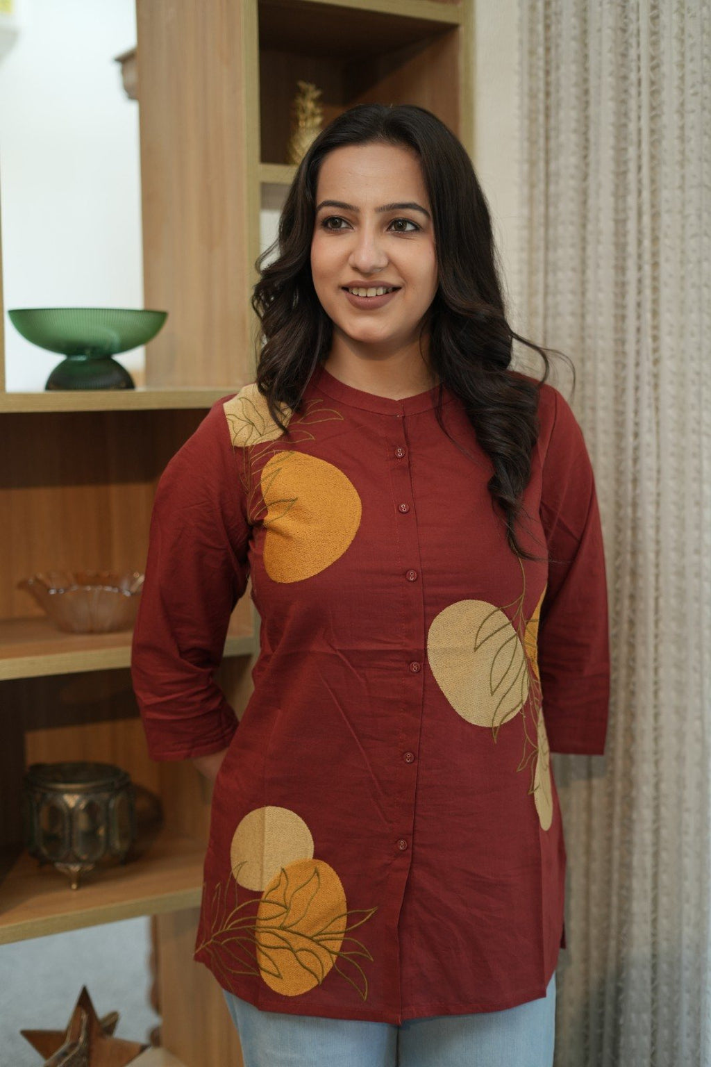 Rust Red & Mustard Floral Embroidered Cotton Kurti