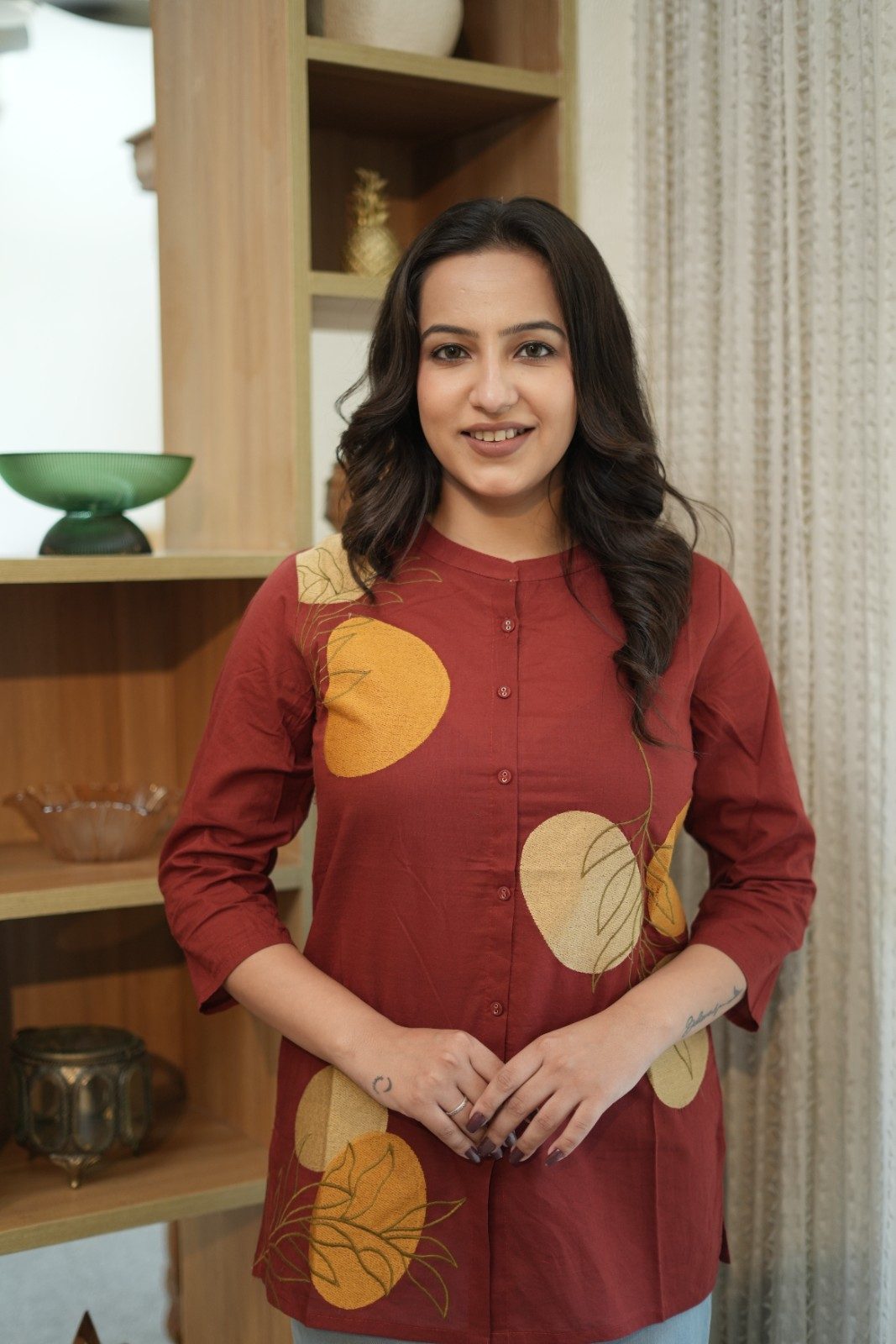 Rust Red & Mustard Floral Embroidered Cotton Kurti