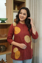 Rust Red & Mustard Floral Embroidered Cotton Kurti