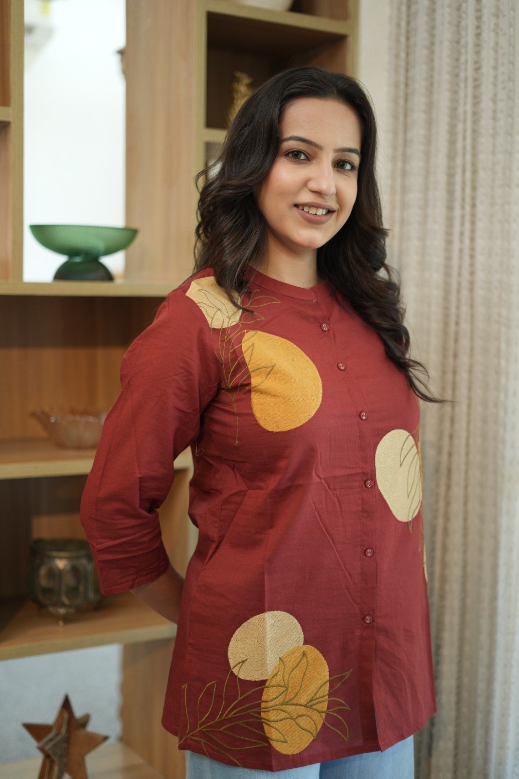 Rust Red & Mustard Floral Embroidered Cotton Kurti