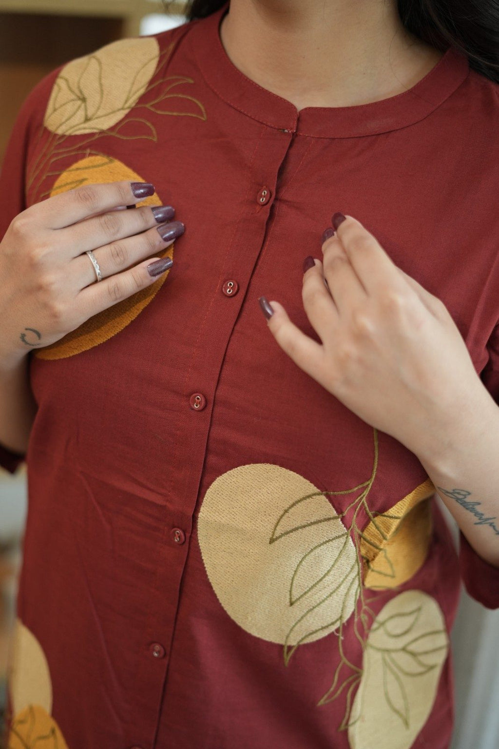 Rust Red & Mustard Floral Embroidered Cotton Kurti
