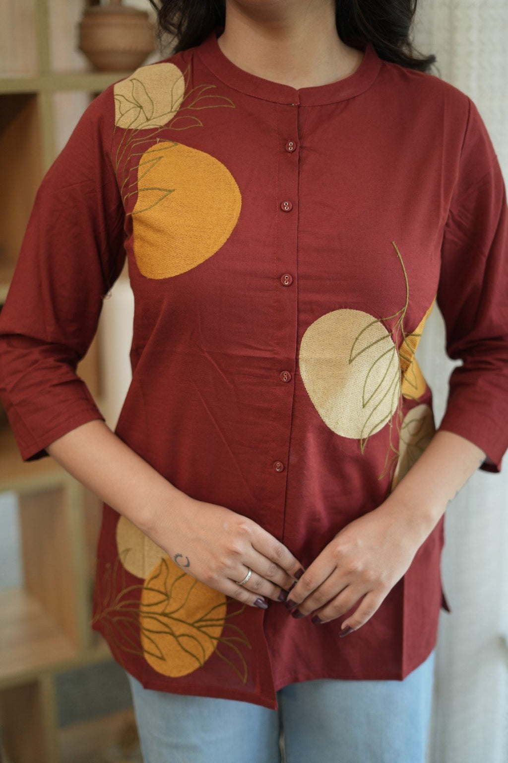 Rust Red & Mustard Floral Embroidered Cotton Kurti