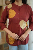 Rust Red & Mustard Floral Embroidered Cotton Kurti