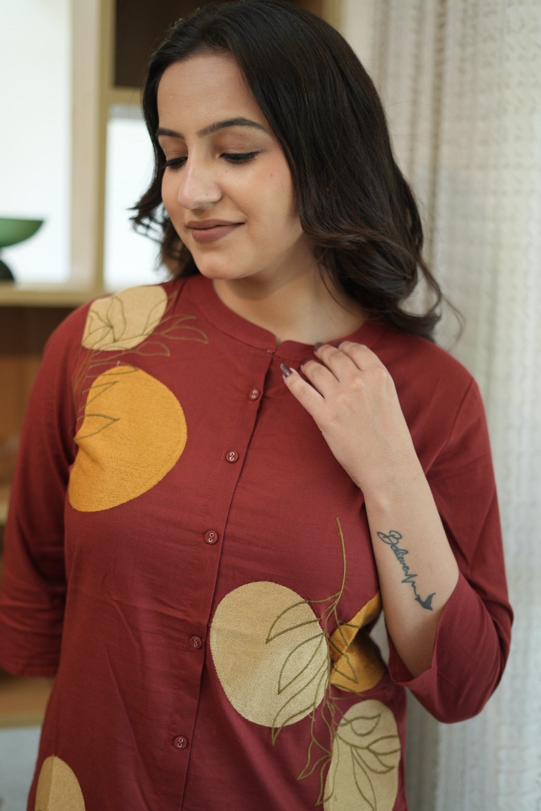 Rust Red & Mustard Floral Embroidered Cotton Kurti