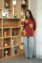 Rust Red & Mustard Floral Embroidered Cotton Kurti