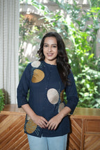 Navy Blue & Mustard Floral Embroidered Cotton Kurti