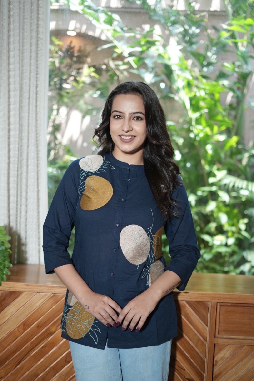 Navy Blue & Mustard Floral Embroidered Cotton Kurti
