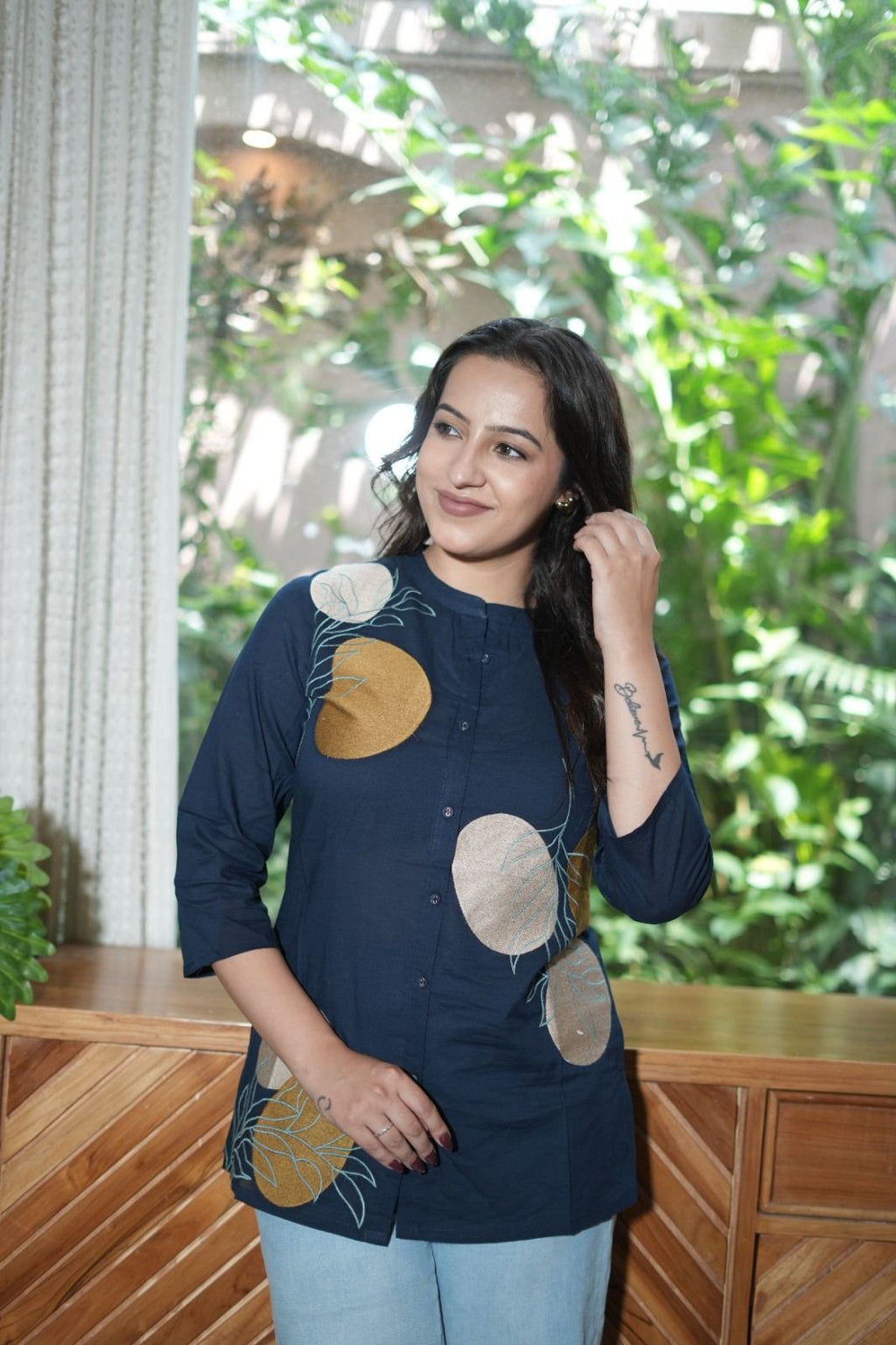 Navy Blue & Mustard Floral Embroidered Cotton Kurti