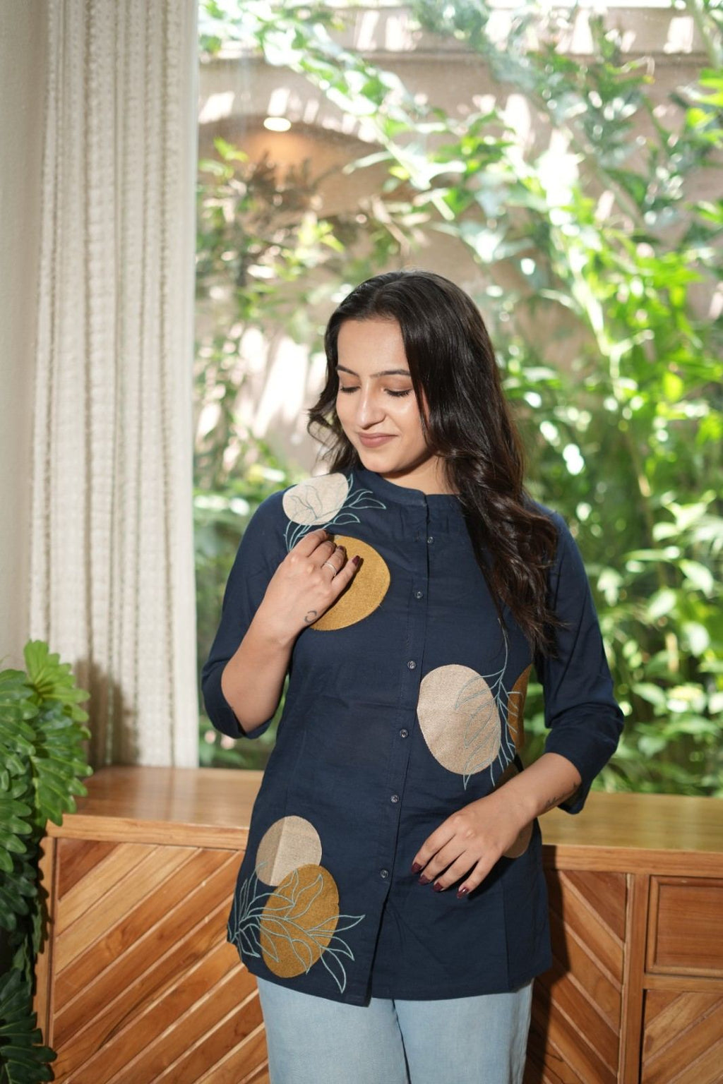 Navy Blue & Mustard Floral Embroidered Cotton Kurti