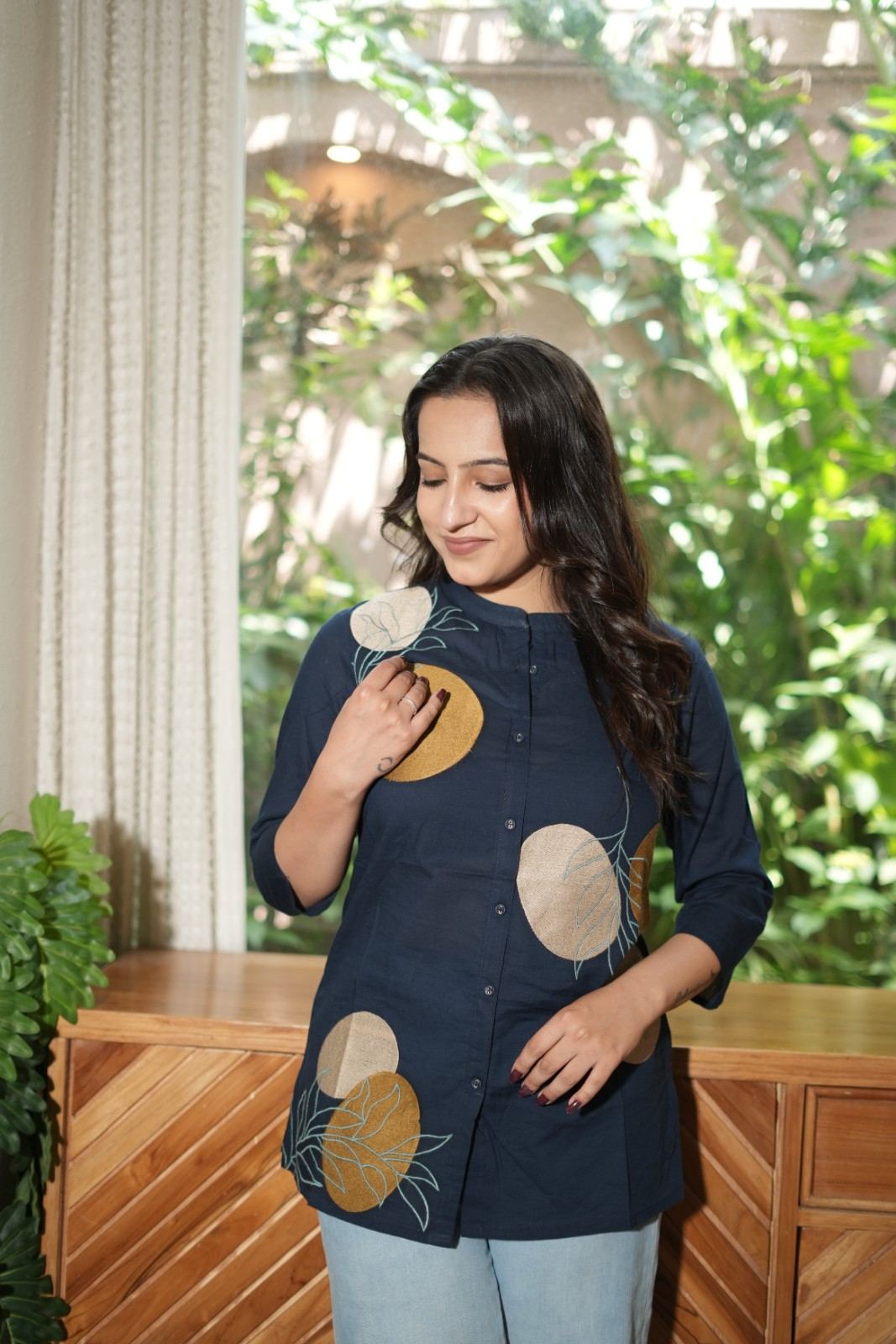 Navy Blue & Mustard Floral Embroidered Cotton Kurti