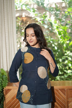 Navy Blue & Mustard Floral Embroidered Cotton Kurti